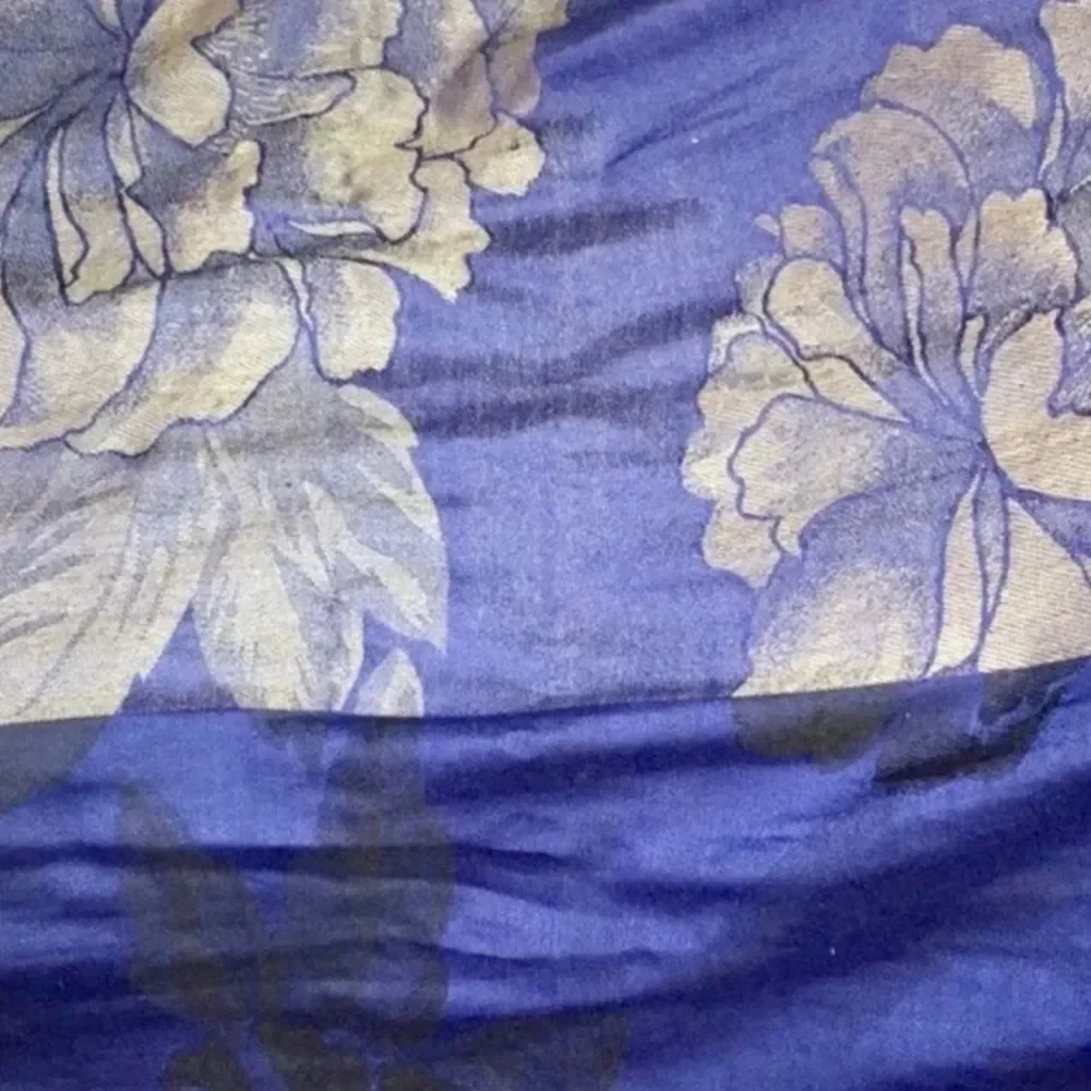 Large Damask Floral Print Scarf/Wrap | Blue/Purple with Twisted Fringes 68”x20”